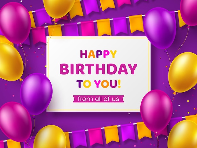 Diseño tipográfico de feliz cumpleaños con globos púrpuras y amarillos con banderas plantilla para banner de felicitación o tarjeta ilustración vectorial