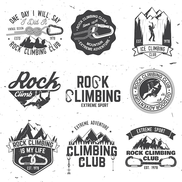 Vector diseño tipográfico vintage con mosquetón de escalador y montañas