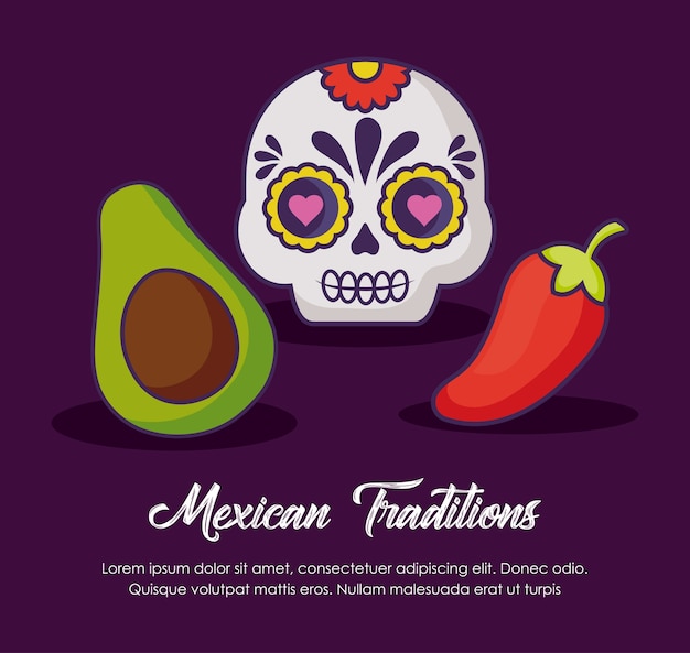 Diseño de tradiciones mexicanas con calavera de azúcar | Vector Premium