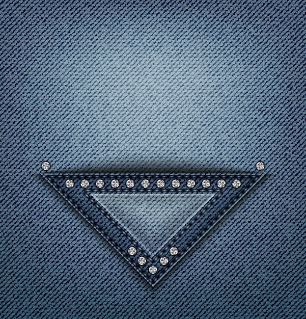 Diseño triangular de blue jeans con pespuntes y lentejuelas sobre denim.