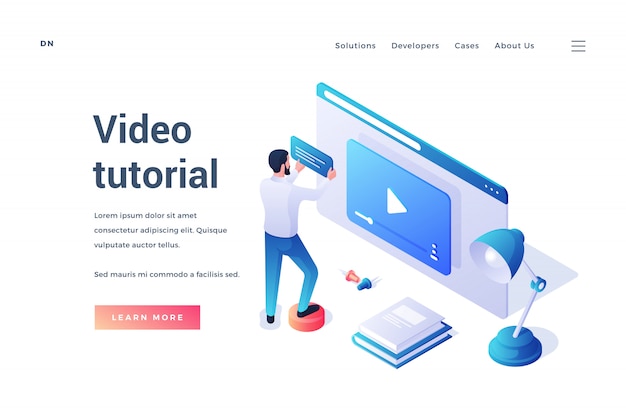 Diseño tridimensional de la plantilla de página web con un hombre que aprende en línea a través del conveniente servicio de video tutorial sobre fondo blanco.