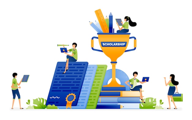 Diseño de trofeos y certificados como prueba de logros y esfuerzo para obtener becas educativas. Ilustración para páginas de destino, sitios web, carteles, pancartas, aplicaciones móviles, anuncios en redes sociales, etc.