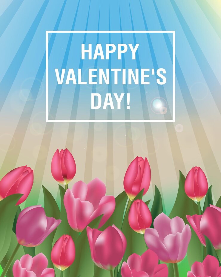 Vector diseño de tulipanes feliz día de san valentín. día soleado de primavera con cielo azul y flores.