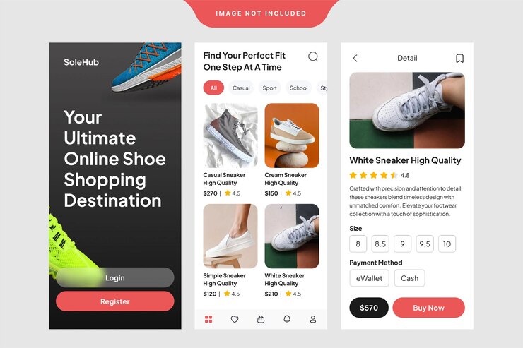Vector diseño de ui aplicación móvil de la tienda de zapatos plantilla en línea
