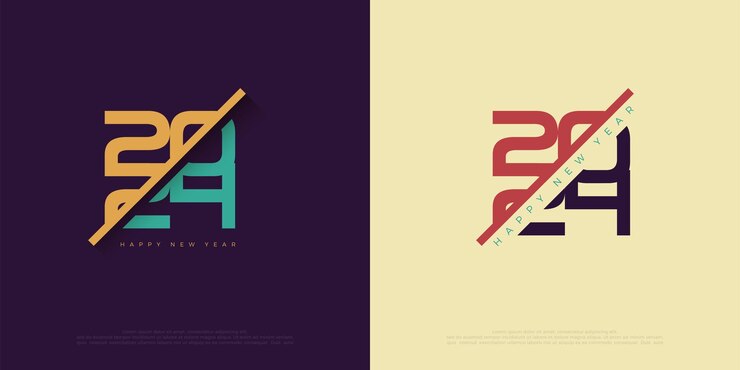Vector diseño único con concepto único feliz año nuevo 2024 con números de corte de línea diseño vectorial premium de celebración de año nuevo 2024
