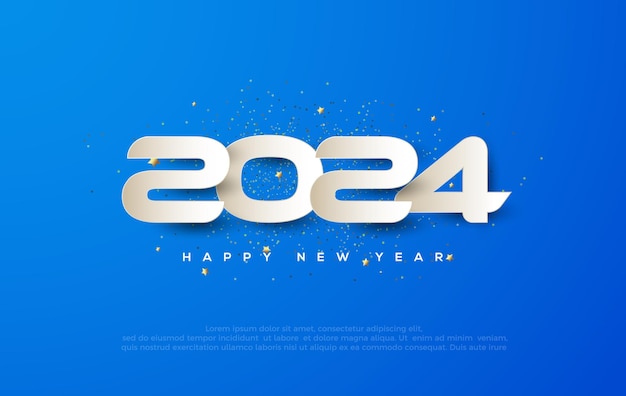 Diseño único Feliz año nuevo 2024 con números cortados en papel Diseño vectorial premium hermoso y elegante para saludos y celebración de Feliz año nuevo 2024