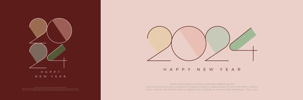 Diseño único de feliz año nuevo 2024 con números delgados con rayas coloridas diseño vectorial de números premium para la celebración del feliz año nuevo 2024.