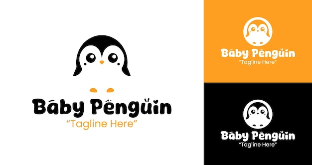 Diseño único del logotipo del bebé pingüino en amarillo, negro y blanco para una marca divertida y linda