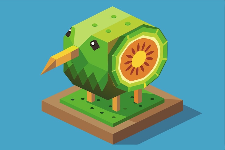 Vector un diseño único de pájaro kiwi presenta un cuerpo vibrante inspirado en la fruta contra un fondo azul ilustración isométrica personalizable de un pájaro kiwi