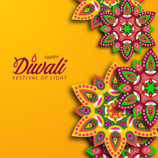 Diseño de vacaciones del festival de Diwali con estilo de corte de papel de la decoración floral de mandala de Rangoli indio con fondo amarillo