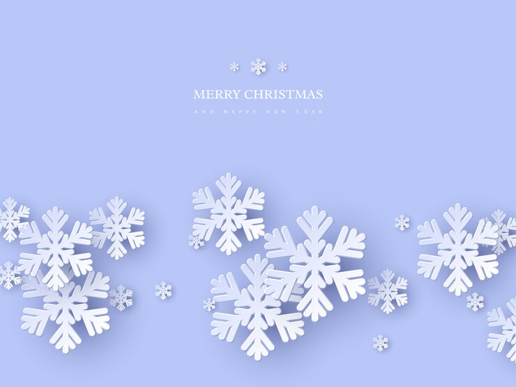 Vector diseño de vacaciones de navidad con copos de nieve de estilo de corte de papel. fondo azul con texto de saludo, fondo