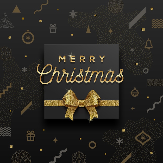 Diseño de vacaciones de Navidad - saludo dorado y lazo dorado brillante sobre un fondo abstracto de Navidad.