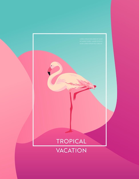 Diseño de vacaciones tropicales con flamingo bird para web, página de destino, pancarta, póster, plantilla de sitio web. hola fondo de verano para aplicaciones móviles, redes sociales. ilustración vectorial