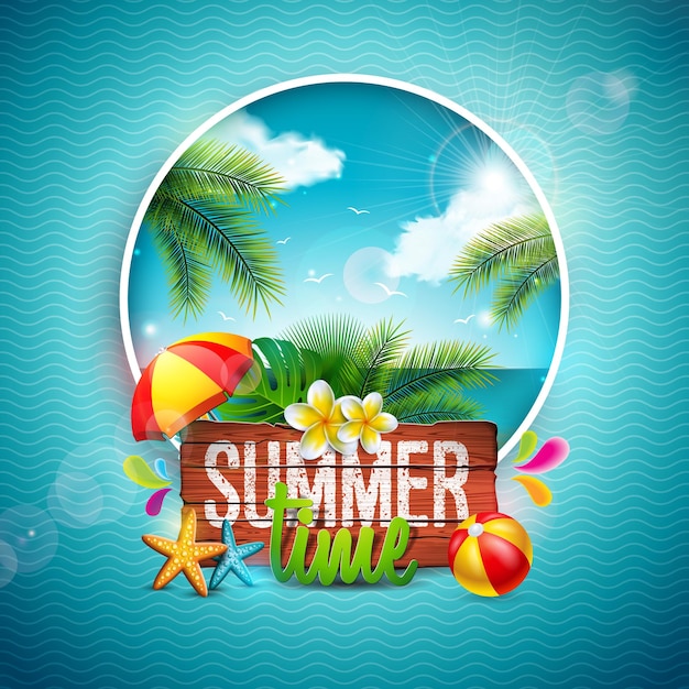 Diseño de vacaciones de verano con hojas de palma tropical de flores y globo de aire en el fondo del paisaje oceánico