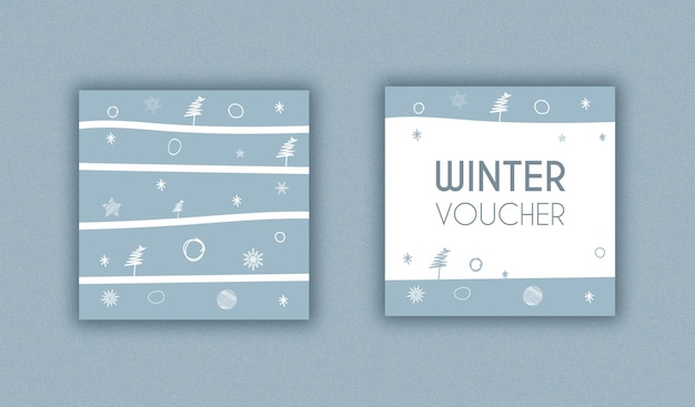 Diseño de vales de regalo de invierno simulado con árbol blanco y copos de nieve con líneas y círculo.