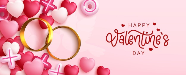 Diseño de vector de anillo de amantes de san valentín texto de feliz día de san valentín con anillos de oro en rosa