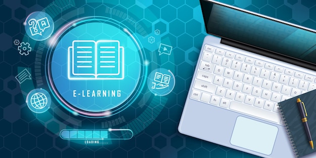 Diseño de vector de aprendizaje electrónico escolar Clase y curso en línea de aprendizaje electrónico de regreso a la escuela usando una computadora portátil
