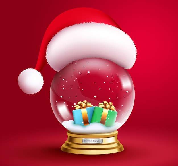 Vector diseño de vector de bola de cristal de navidad. bola de nieve realista 3d con sombrero de santa y elementos de cajas de regalo.