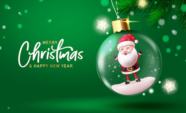 Diseño de vector de bola de cristal de Navidad Feliz Navidad y feliz año nuevo texto de saludo con santa