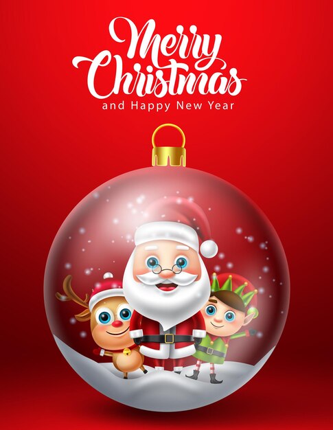 Diseño de vector de bola de cristal de Navidad Texto de feliz Navidad con reno de santa claus y elfo