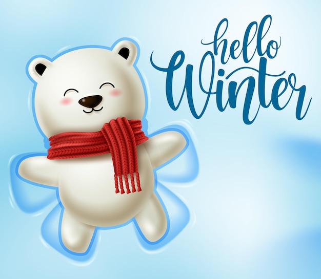 Diseño de vector de caracteres de oso polar de invierno Hola texto de invierno en el fondo del espacio nevado