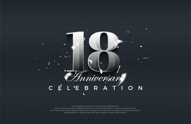 Diseño de vector de celebración de 18 aniversario brillante metálico plateado Fondo de vector Premium para saludo y celebración