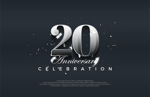 Diseño de vector de celebración de 20 aniversario brillante metálico plateado