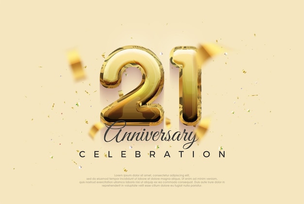 Diseño de vector de celebración de 21 aniversario con ilustración de globos de oro brillante