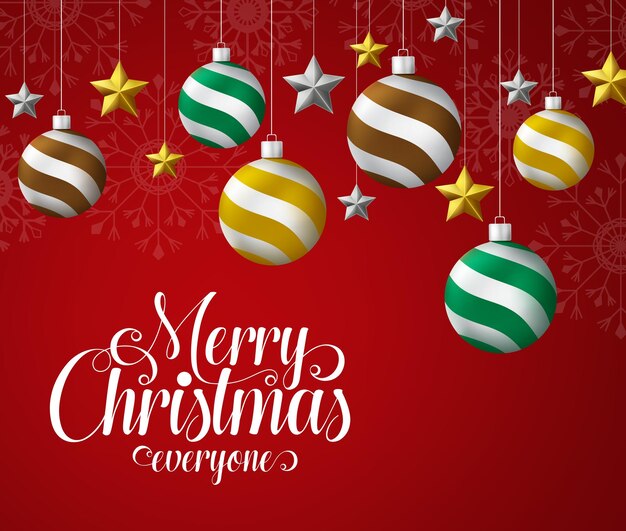 Diseño de vector colgante de bola de Navidad Feliz Navidad texto de saludo para todos con bolas de Navidad