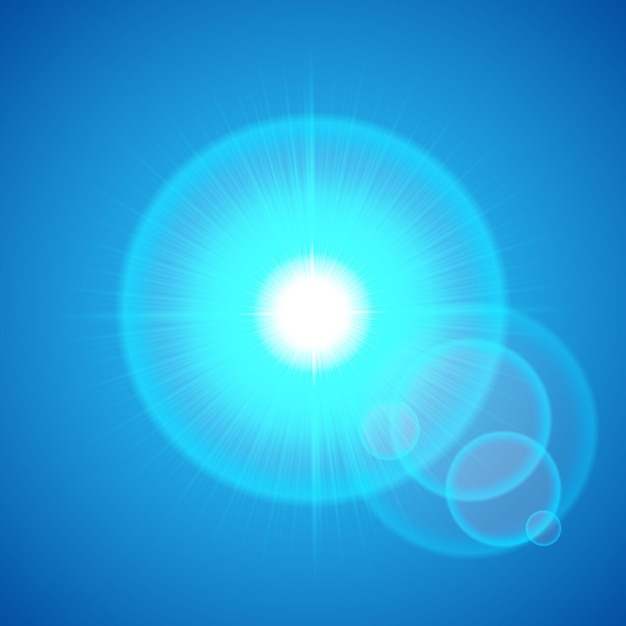 Diseño de vector de destello de lente de brillo de sol de luz de estrella brillante azul brillante sobre fondo azul