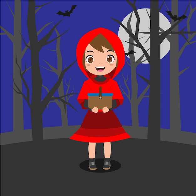 Diseño de vector de dibujos animados de niña linda con caja de transporte con capucha en el fondo de halloween
