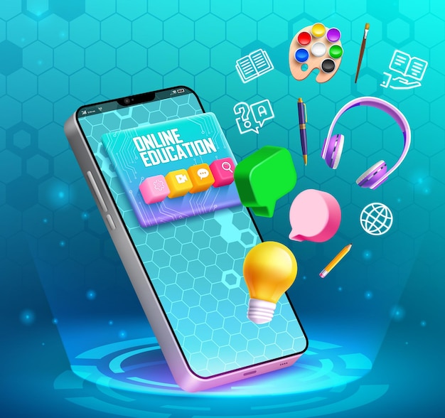 Diseño de vector de educación en línea Texto de educación en línea con elementos de teléfono móvil para estudiantes