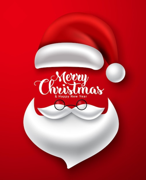 Diseño de vector de elemento de santa de Navidad Texto de feliz Navidad con sombrero de santa claus y barba