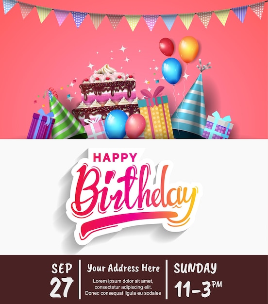 Diseño de vector de feliz cumpleaños con elemento de fiesta de tipografía para celebración