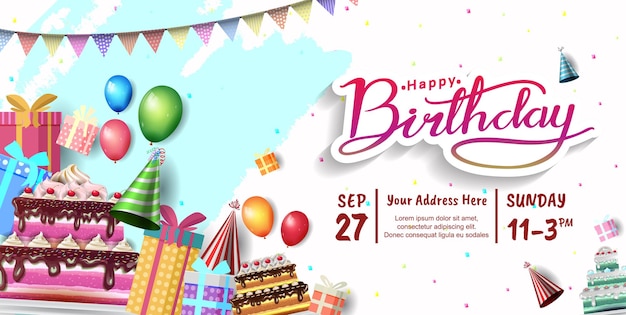 Diseño de vector de feliz cumpleaños con elemento de fiesta de tipografía para celebración
