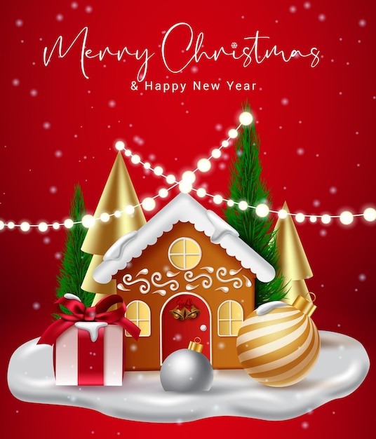 Diseño de vector de feliz Navidad Texto de feliz Navidad con bolas de regalo de casa y árbol de Navidad