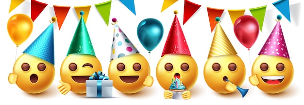 El diseño del vector de la fiesta de cumpleaños de Emoji fijó la colección de Emojis en la celebración de la fiesta con banderines