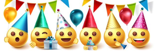 El diseño del vector de la fiesta de cumpleaños de emoji fijó la colección de emojis en la celebración de la fiesta con banderines