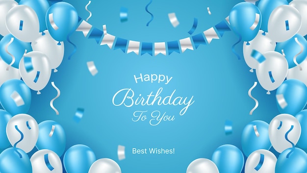 Diseño de vector de fondo de cumpleaños realista en color azul y blanco con globos y confeti