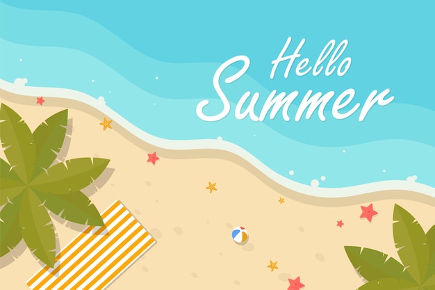 Diseño de vector de fondo de verano con hermosas hojas tropicales y playa