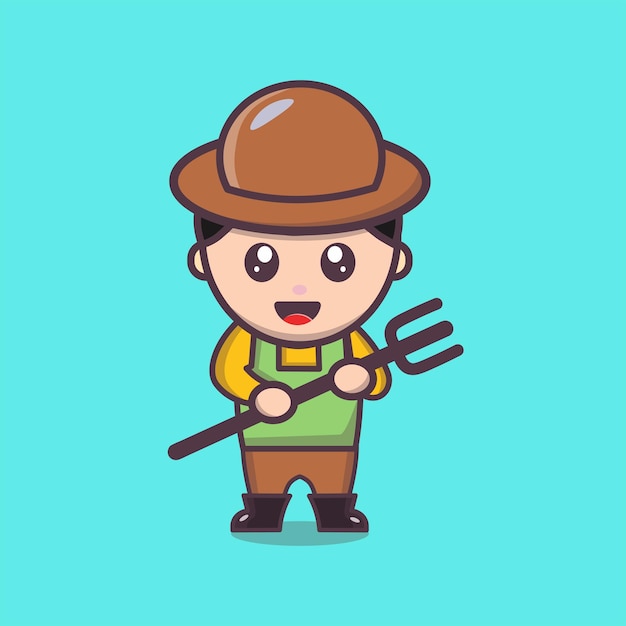 Vector diseño de vector de granjero de personaje de dibujos animados lindo con tenedor niño sonriente con ojos brillantes y freck