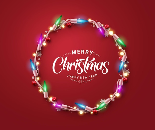 Diseño de vector de guirnalda de luces de Navidad. Texto de saludo de feliz navidad con corona de luz brillante