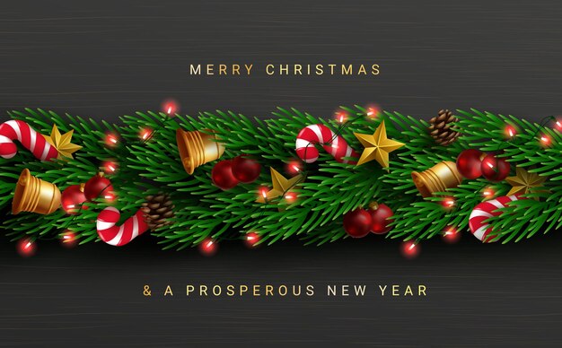Diseño de vector de guirnalda de Navidad Texto de saludo de feliz Navidad con rama de hojas de guirnalda
