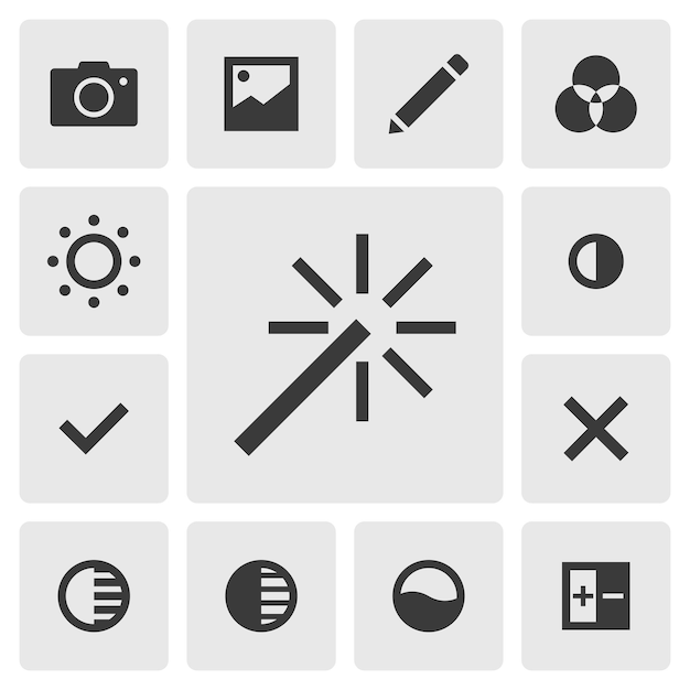 Diseño de vector de icono de edición inteligente Conjunto simple de iconos de aplicación de editor de fotos silueta icono negro sólido