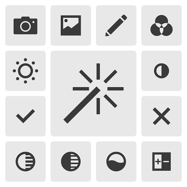 Diseño de vector de icono de edición inteligente conjunto simple de iconos de aplicación de editor de fotos silueta icono negro sólido