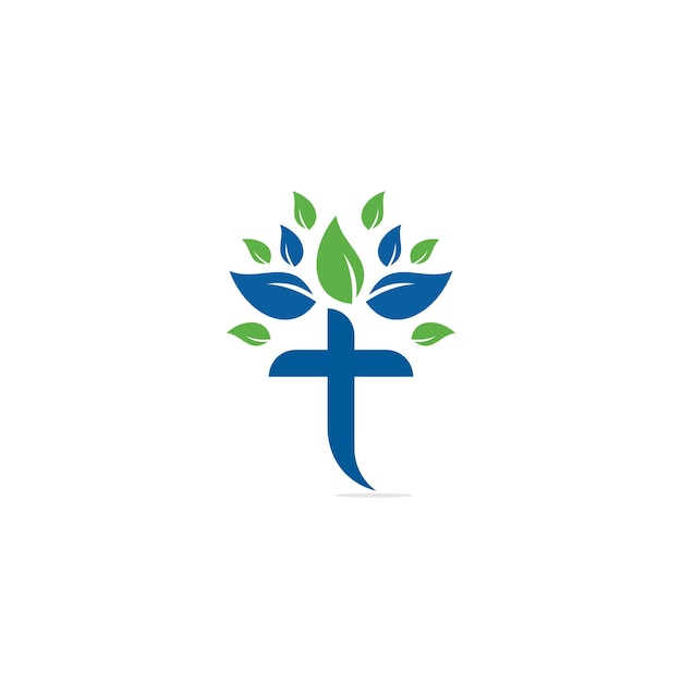 Diseño de vector de icono de símbolo de cruz religiosa de árbol. Diseño de logotipo de árbol cruzado. Logotipo de la iglesia del árbol.