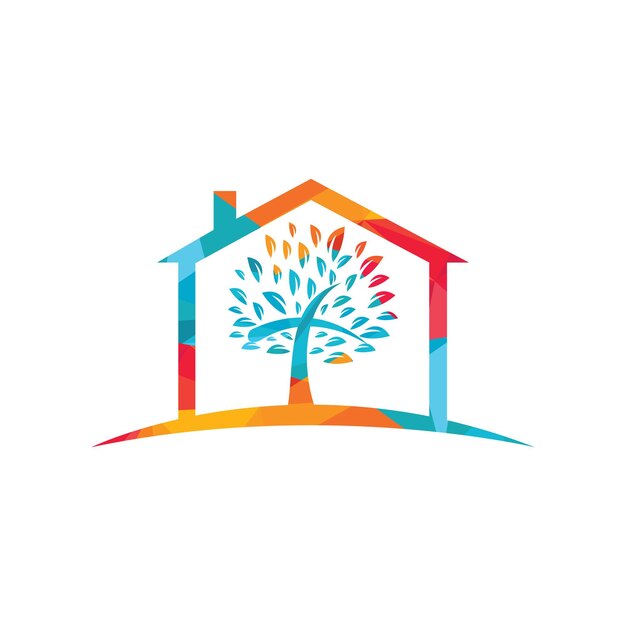 Diseño de vector de icono de símbolo de cruz religiosa de hogar y árbol abstracto
