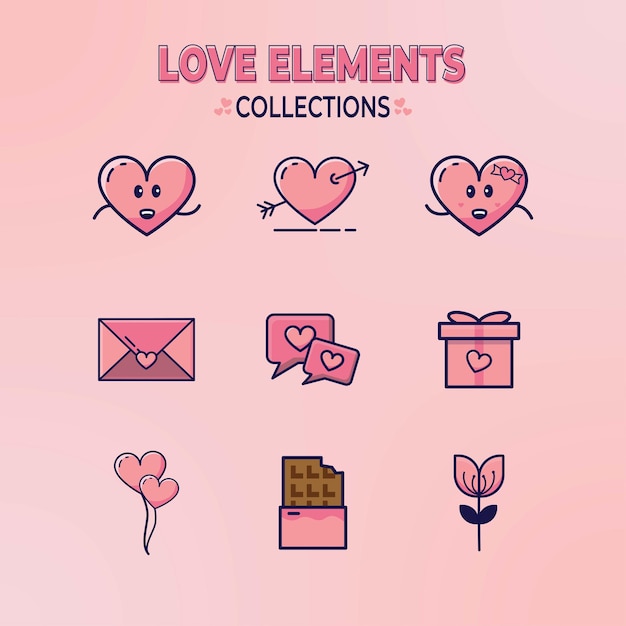 Diseño de vector de ilustración de colección de elementos de amor plano