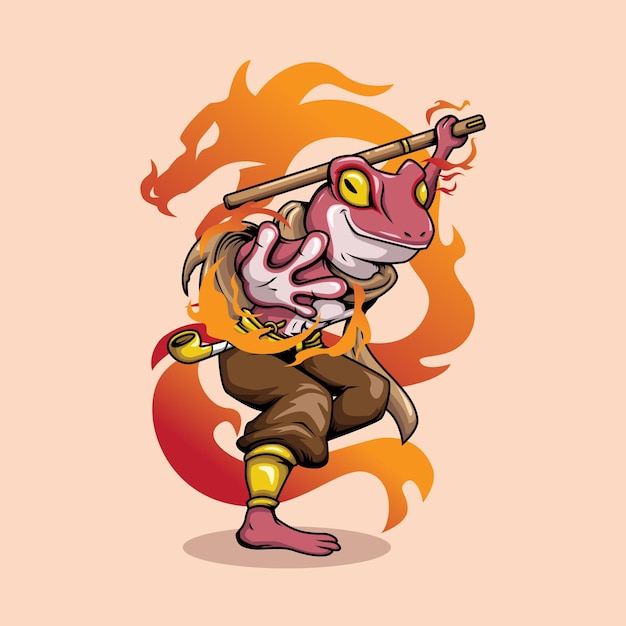 Diseño de vector de ilustración de mascota de personaje de rana de fuego