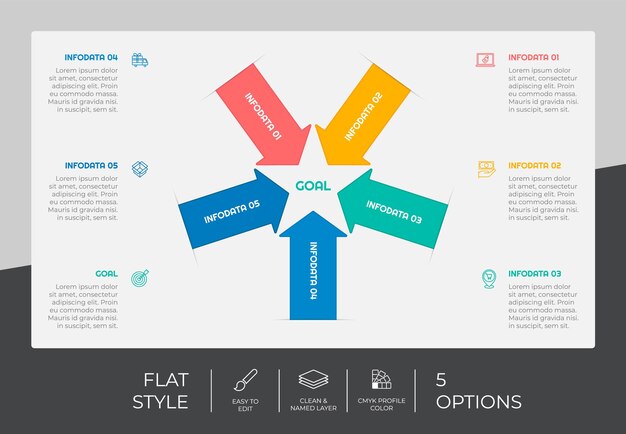 Diseño de vector de infografía de opción de flecha con 5 opciones de estilo colorido para fines de presentación La infografía de opción plana se puede utilizar para negocios y marketing